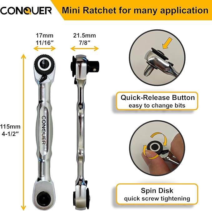 CONQUER 21-Piece 1/4" Drive Mini Ratchet Spline Socket Set, SAE/Metric | 72-Tooth Dual Head Ratchet, Quick Release & Spin Disc, CR-V Spline Sockets 6-13mm, S2 Bits, Knurled Grip, Portable Kit