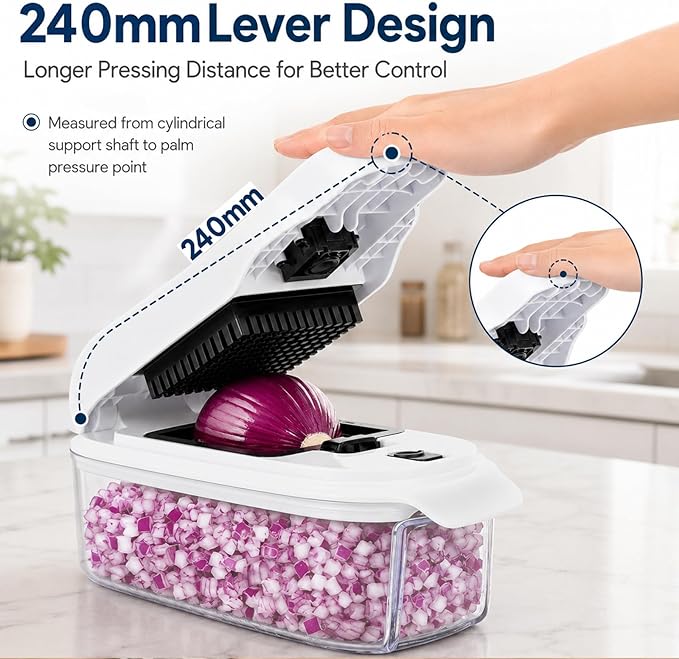 2-in-1 Vegetable Dicer, Onion Chopper, 1.5L Container, White Black | Two dicing sizes for everyday onionsand salad prep