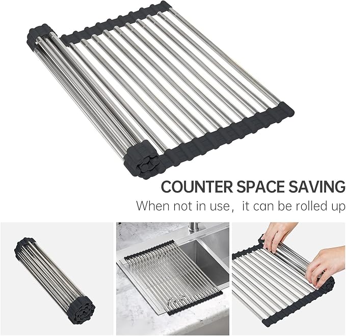 CHIRISEN Expandable Roll Up Dish Drying Rack Large, Foldable Over The Sink Dish Drying Rack, Collapsible Stainless Steel Drainer Over Sink Dish Drying Rack for Kitchen Counter (Black, 21.25''x12.79'')