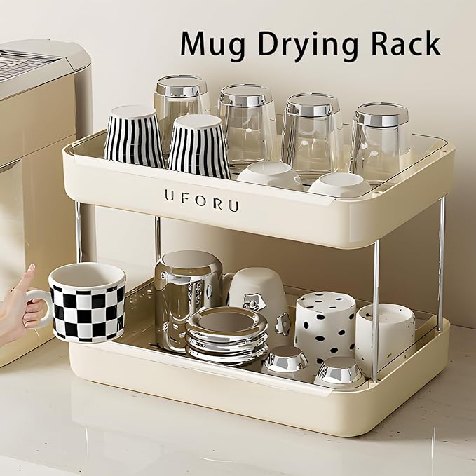 UFORU Countertop Coffee Station Organizer,Cup Rack,Mug & Wine Glass Holder | 2-Tier Cream White Mug Shelf with Removable Drain Tray,Bathroom Countertop Organizer,Spice Rack for Kitchen