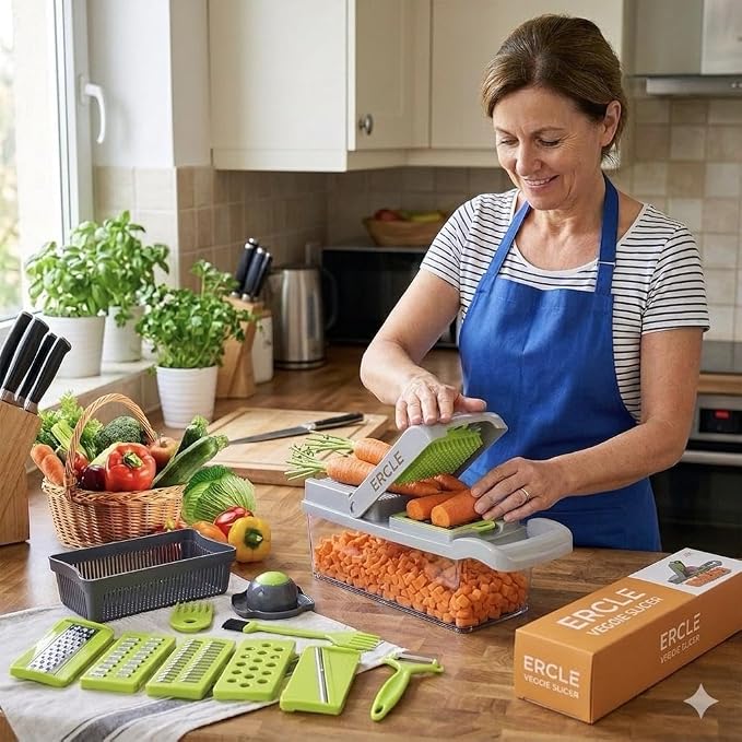 ERCLE's16-in-1 Vegetable Cutter Slicer – Multifunctional Vegetable Chopper with Stainless Steel Blades, Manual Onion Cutter, Food Slicer & Dicer for Kitchen, Salad Maker.