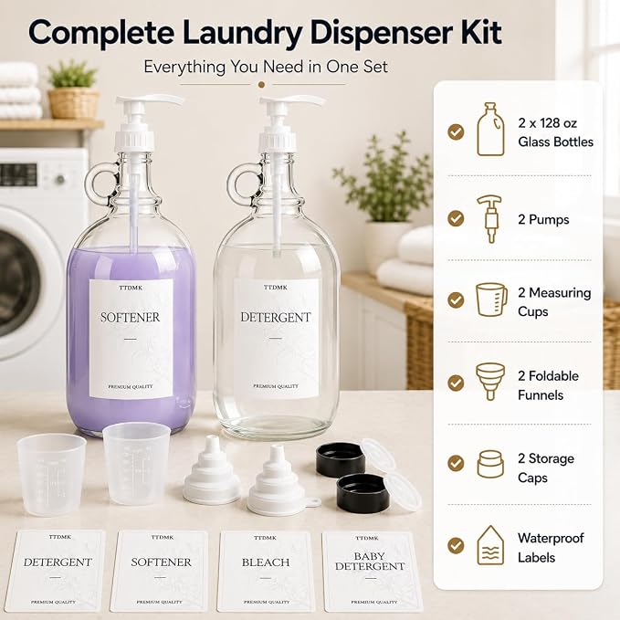 2 Pack Glass Laundry Detergent Dispensers, 128 oz One Gallon Bottles | Large Capacity Glass Bottles with Pumps, Labels, Funnels and Measuring Cups for Laundry Detergent and Fabric Softener.