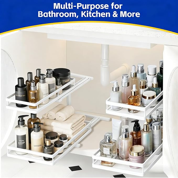 2 Pack Under Sink Organizer, 2-Tier Metal Shelf, White | Carbon steel 2-tier set, ball-bearing slides, adjustable height, no-drill setup, for kitchen and bathroom cabinets