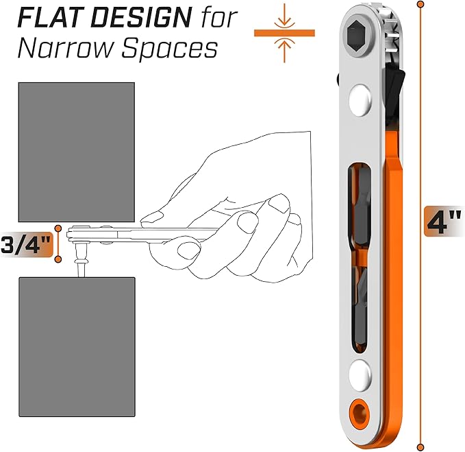 Bates- Mini Ratchet Wrench, 1/4" Magnetic 90 Degree Screwdriver, Orange, Low Profile Right Angle Screwdriver for Tight Spaces