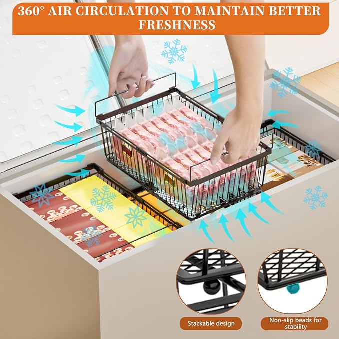 Large Freezer Organizer Bins，Upgraded Bottom Leak-Proof net，Fit 10 to 20 Cu.Ft Deep Freezer，3 Pack， Expandable Stackable Chest Freezer Organizer Bins , for Fridge, Deep Freezer, Cabinet