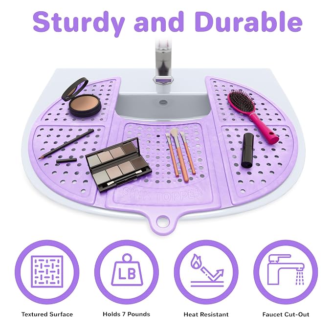 Sink Topper Bathroom Sink Cover for Counter Space, Standard Lavender | Holds up to 7 lb on a steel frame; fits over basins to 19 in; 480°F silicone, hot tools; foldable makeup mat; RV, camper
