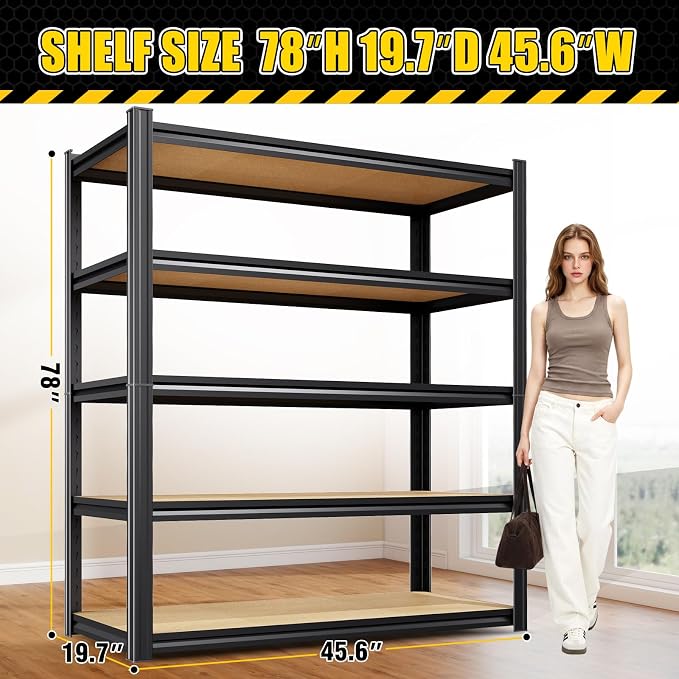 78" H Garage Shelving Heavy Duty Storage Shelves, Metal Adjustable Shelving Unit, Utility Garage Organizer Shelf for Basement, Pantry, Kitchen, Warehouse, 78" Hx45.6 Wx19.7 D, Black