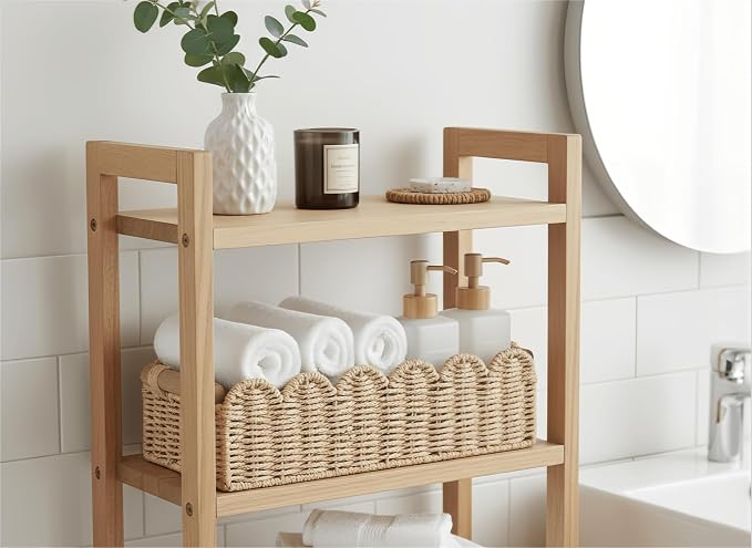CubesLand Bathroom Basket Organizer, Toilet Tank Paper Storage Baskets 2PK | Scalloped Decorative Basket for Countertop w/Handle, Wicker Basket for Bathroom Decor, Home Decor, Living Room, Beige