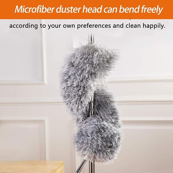 Microfiber Feather Duster, High Ceiling Fans with 30-100 Inch Pole, Gray | Bendable & Washable Head Traps Dust Without Scratching, Long Extendable Duster for Home Car Furniture Cobweb, Wet, Dry Use