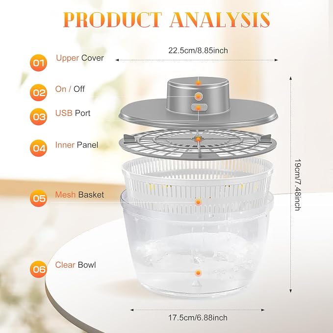 Electric Salad Spinner, 4L Wireless USB Salad Spinner Dehydrator for Fruit Vegetables, Large Capacity Salad Vegetable Dryer, Quick Drainage Electric Mixer White