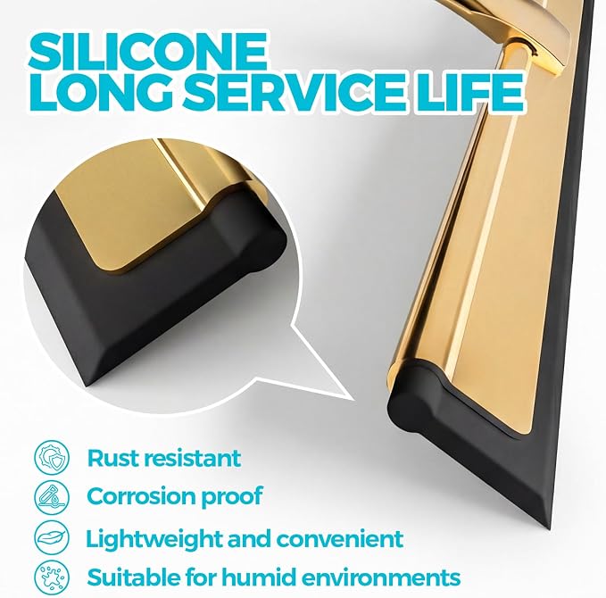 ALFLOD 2pcs Shower Squeegee for Glass Doors with Adhesive Hanging Hook Set | 10” gold, bathroom accessories, window cleaner, new home essentials, soft rubber blade, metal handle, ergonomic grip