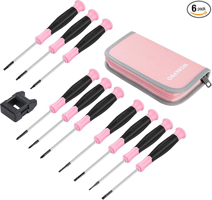 WORKPRO 10-Piece Precision Screwdriver Set with Pink Pouch- Pink Ribbon | Small Screwdriver Repair Kit with Phillips, Slotted, Torx Star, Magnetic Tip for Eyeglass, Watch, Computer, Laptop and Phone