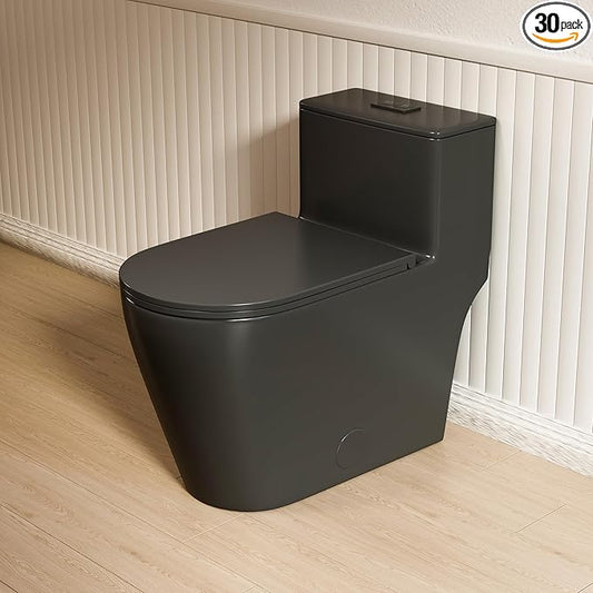 Casta Diva Elongated One Piece Toilet Black with 17" ADA Comfort Chair Height Seat Compact Toilet for Bathroom Power Dual Flush 1.1/1.6GPF & MAP 1000g, 12'' Rough-in, Matte Black