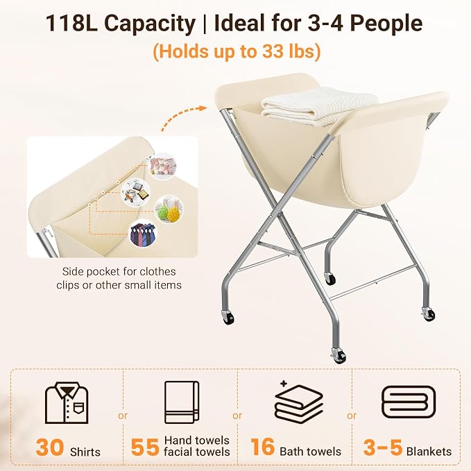 ELYKEN Laundry Basket with Wheels, Collapsible Laundry Hamper, Cream | Removable Liner Bag, Foldable Design, 118L Capacity, Sturdy Metal Frame, 4 Casters, Laundry Cart for Bedroom, Laundry Room