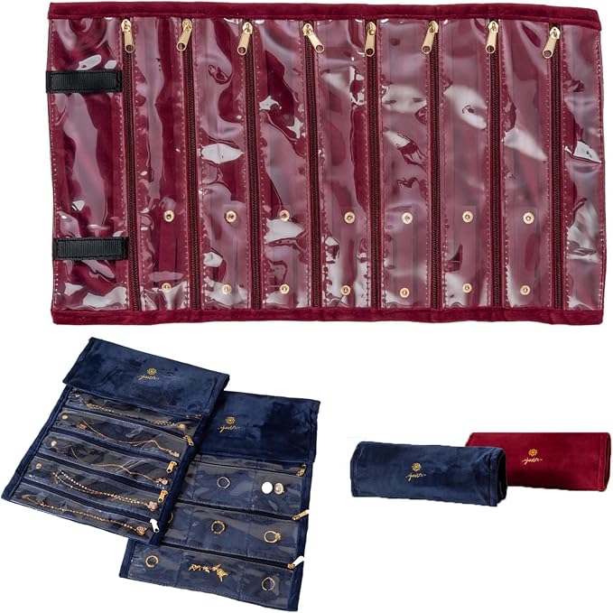 Travel jewelry organizer-Portable organizers and storage Soft Velvet travel case with Zippered, Compact Storage for Earrings, Rings, Necklaces, Studs for Women (Red, 9 Pockets)
