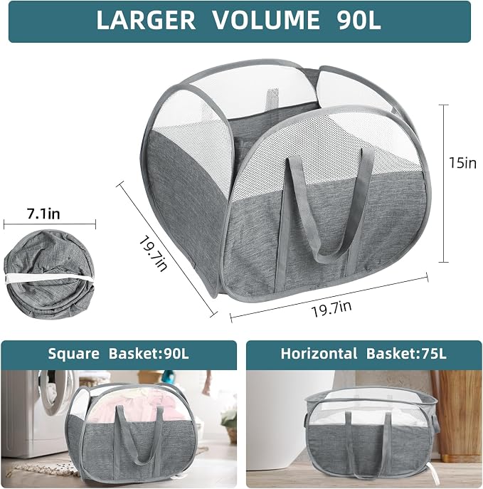 Collapsible Laundry Baskets, 90L Large Foldable Laundry Basket, Tear-proof Pop Up Hampers for Laundry, Dirty Clothes Laundry Hamper for Bedroom, Bathroom, Dorm, Laundry Room, Travel or Camping Grey