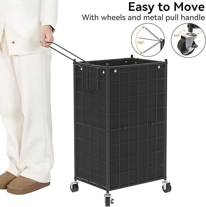 WOWLIVE Rolling Laundry Basket, Metal Wire Frame Laundry Hamper with Wheels | Hamper with Removable Bag, 100L Dirty Clothes Hamper Organizer Dorm Room Storage for Bedroom, Bathroom, Black