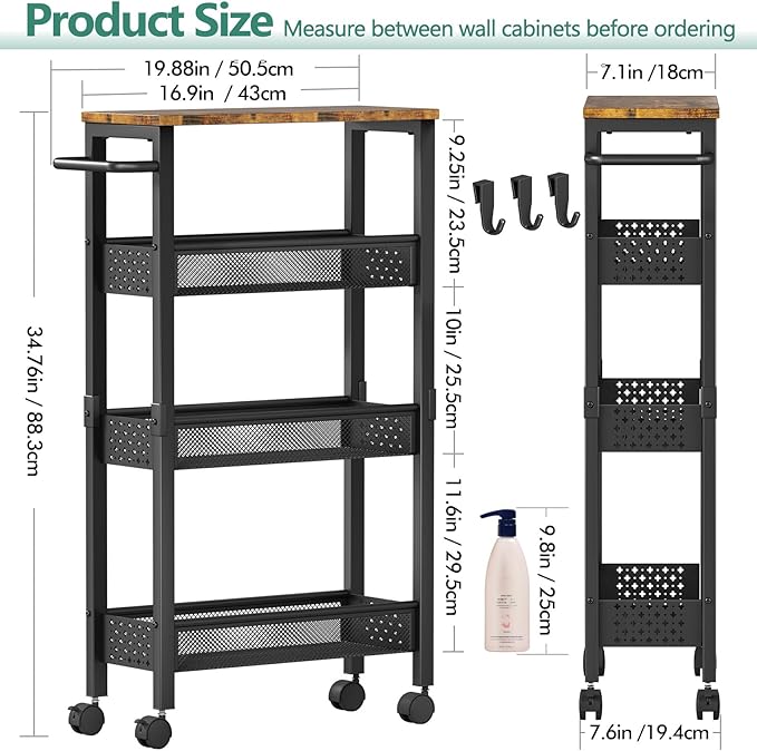 Vivihomety 4-Tier Slim Utility Rolling Laundry Cart with Wheels, Metal | Narrow 7.1" wide, Lockable wheels, wood top panel, metal frame, with handle, for laundry, bathroom, kitchen, black