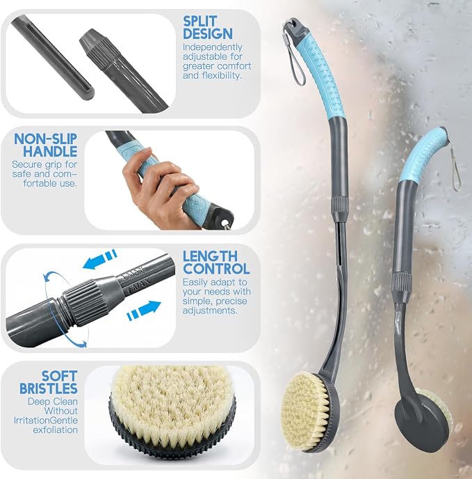 Gobiteli Back Scrubber for Shower, Long Handle Exfoliating Shower Brush for Body for Deep Cleaning, Back Brush for Shower for Men Women(Blue)