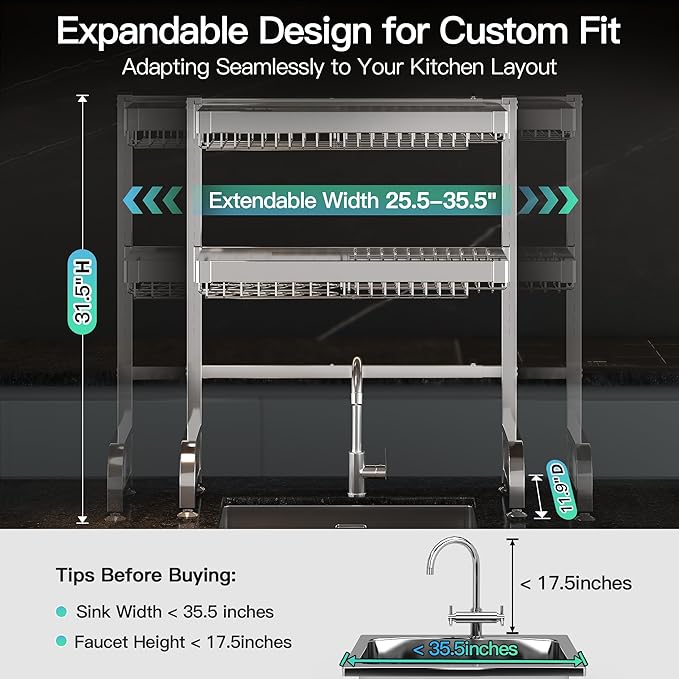 MAJALiS 3 Tier Extra Large Stainless Steel Expandable Over The Sink Dish Drainer Drying Rack, Rust Proof Metal, Space Saving, Modern Silver Big Capacity Extendable Plate Strainers Kitchen Counter