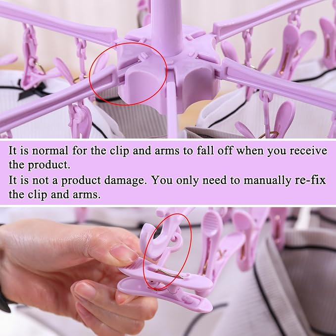 Clothes Drying Hanger with 24 Clips,Foldable Hanging Rack 2 PCS | for Drying Socks Lingerie Baby Clothes Drying Towels Rotatable Sock Drying Rack with 24 Pegs Clips(Pink)