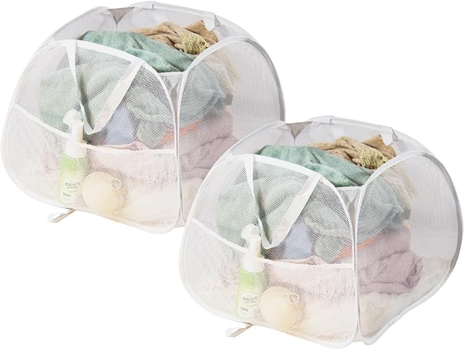 Collapsible Laundry Basket 90L, Mesh Pop-up Hamper, White 2PCS | Foldable Laundry Basket, Side Storage Pocket, Handles, Dirty Clothes Hamper for Bedroom, Bathroom, Dorm, Travel, Camping