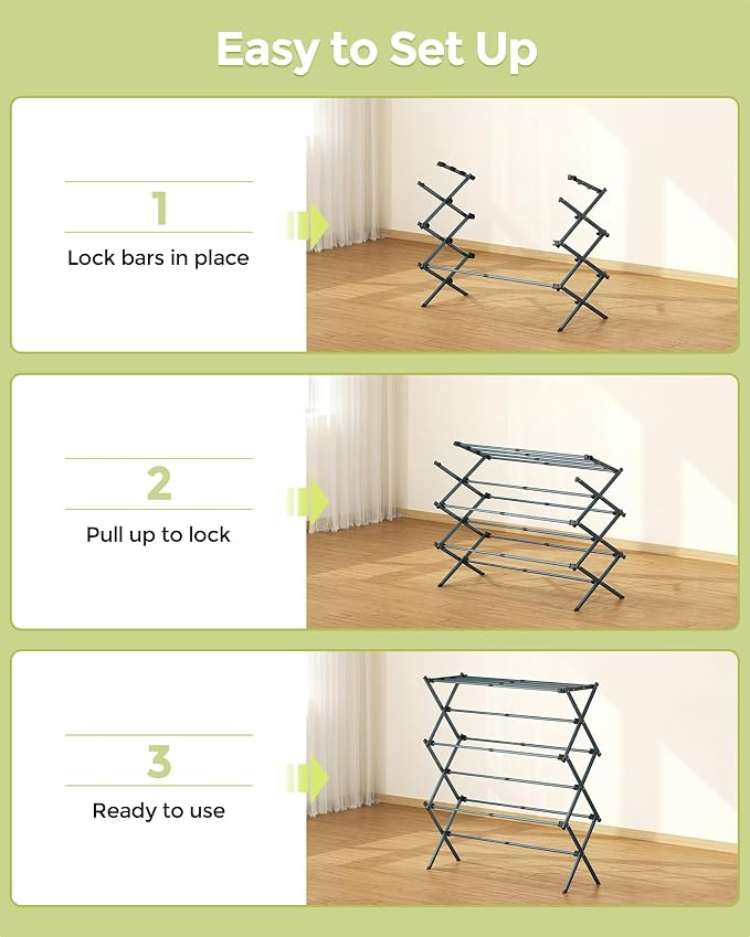 APEXCHASER 3-Tier Foldable Clothes Drying Rack, 37.6" H, Navy Blue | Rust-resistant Metal, Tool-free Assembly, Extendable Drying Hanger, Fold Flat to Easy Storage, 11.8" D x 35" W, Holds 24lbs