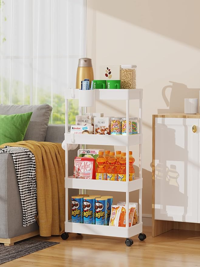 LEHOM Slim Rolling Storage Cart - 4 Tiers Bathroom Organizer Utility Cart | Slide Out Storage Shelves Mobile Shelving Unit for Kitchen, Bedroom, Office, Laundry Room, Small Narrow Spaces (7.1" W+White)
