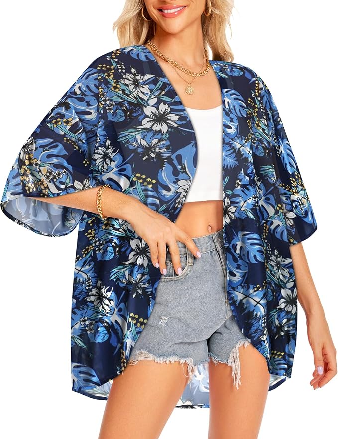 Women Kimono Cardigans Summer Cover Up Hawaiian Shirts Floral Print Tops | ROSEMIA chiffon kimono open front cardigans, beach cover ups, daily casual tops, cruise outfits, summer resort wear