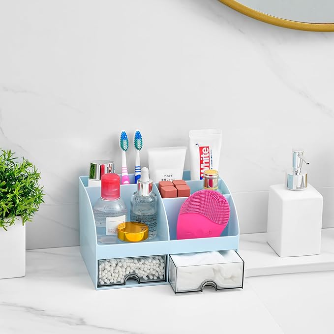 VITVITI Toothbrush Holders for Bathrooms Countertop, 5 Slots Toothpaste Bathroom Counter Sink Organizer with Drawers, Plastic Bathroom Organizer for Vanity/Makeup/Office Blue