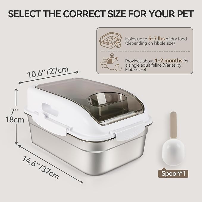 ALL FOR PAWS Stainless Steel Pet Food Storage Container with Airtight Lid & Scoop, 304 Stainless Metal Storage Bin for Dry Cat Food&Treats, Bird Seed, Up to 7 Lbs, Keep Fresh, Easy to Clean