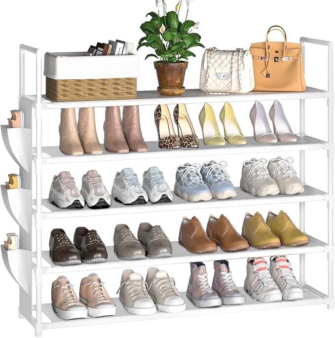 OYREL 5 Tier Shoe Organizer, 33.3in Wide x 11.2in Deep x 35.6in Tall, Black Metal and Plastic Shoe Rack with Side Bag, Holds 20-25 Pairs of Shoes