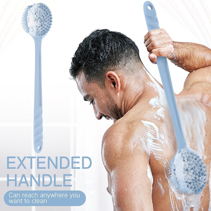 Sunnyray 2 Pack Silicone Back Scrubber for Shower with 15" Long Handle Double-Sided Bath Body Brush for Exfoliating Easy to Clean Quick Dry Deep Cleaning Lathers Well(Gray Blue)