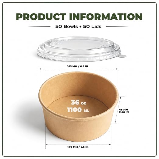 TOPtoper 36Oz 50Pcs Large Paper Bowls with Lids, Disposable Soup Serving Bowls Bulk Party Supplies for Hot/Cold Food, Soup (36 OZ)