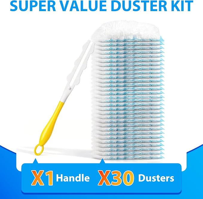 60 Count Larger Size Duster Refills for Swiffer Dusters with 1 Handle | Multi-Surface Feather Microfiber Duster Disposable Alternative, Heavy Duty Cleaning Kit for Home, Furniture, Blinds and Vent