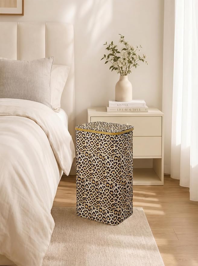 IEGrow Laundry Hamper with Lid,110L Laundry Basket with Bag,Leopard Print | Dirty Clothes Hamper Basket with Bamboo Handle for Clothes Towels Organization