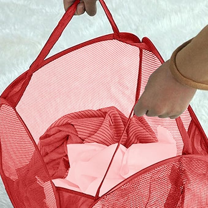 Pop up Hamper for Laundry, Collapsible Mesh Laundry Basket, Portable Foldable Clothes Hamper Storage Bin for Apartment, College Dorm or Travel, Red