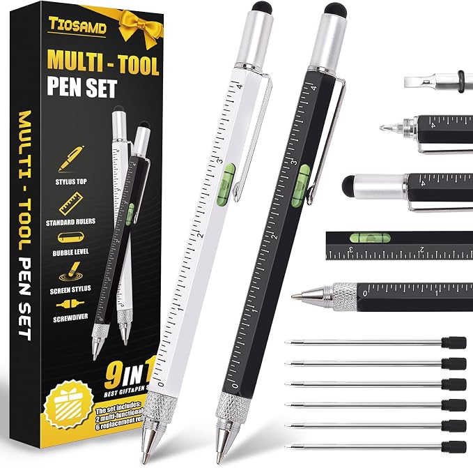 Stocking Stuffers for Men, 9 in 1 Metal Multitool Pen 2Pcs and Refill 6Pcs, Unique Tech Tool Pen from Wife Daughter to Father Boyfriend Husband on Christmas, Birthday, Valentine's Day