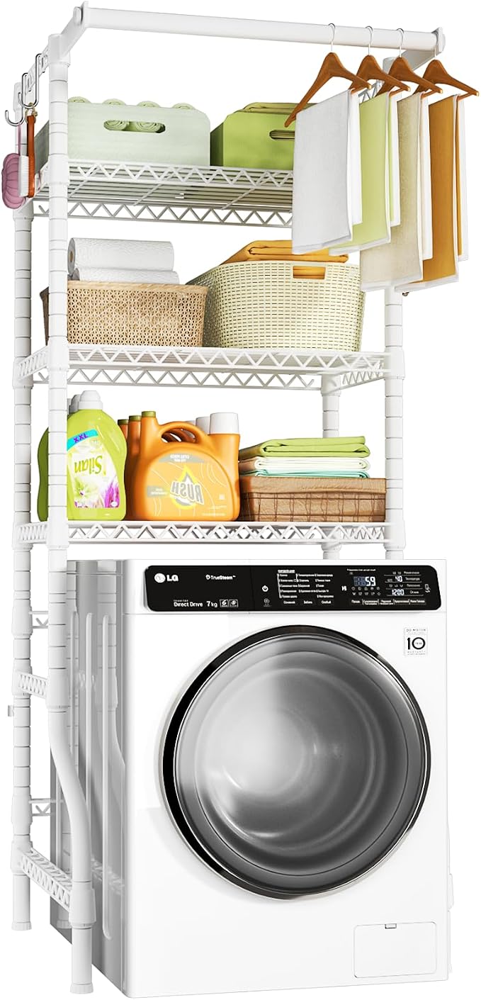 U11 Mini Over Washer and Dryer Shelves, 3 Tiers Laundry Room Storage and Organizer Standing Shelf, Metal Freestanding Clothes Drying Rack, 28.3”W x 19.7”D x 77.6”H, White