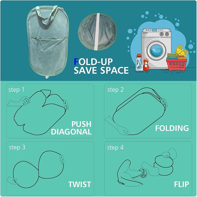 Sturdy Mesh Laundry Hamper Basket Bag,collapsible Pop up for Laundry Room | Folding Foldable Baskets with Side Pocket Travel Clothes Organizer for Bathroom,Kids Room,College Dorm (Vertical,Emerald)