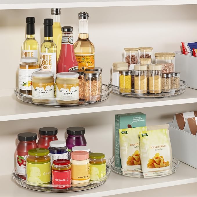 LAMU 4 Pack Lazy Susan Organizer Turntable for Cabinet, Pantry Organizers and Storage, Rotating Condiment Organizer for Kitchen, Table Top, Fridge, Countertop, Spice Organization, 12''x2, 10.6''x2