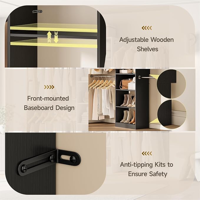 W1 Closet System, 3.5FT-7.7FT Closet Organizer System with 4 Chrome-Plated Telescopic Rods & 6 Adjustable Shelves, Custom Wood Walk-In Closet Wall-Mounted Clothing Rack, Black