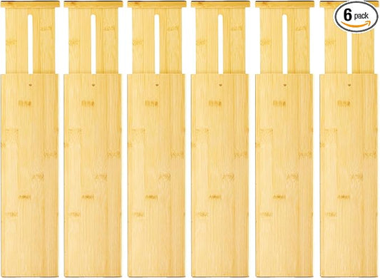 VaeFae 6 Pack Bamboo Drawer Dividers, 4" High Adjustable 16.6" - 21.8" Clothes Drawer Organizers, Expandable Separators for Bedroom/Bathroom/Kitchen/Office Storage