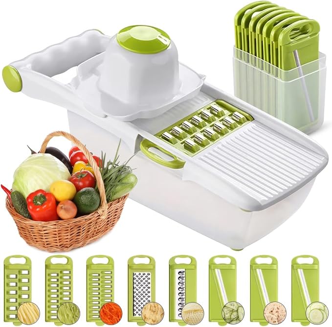 ADOV Mandoline Slicer for Kitchen, Adjustable Mandoline Food Slicer, Vegetable Slicer for Potato, Onion, Cucumber, Veggie Slicer, Multifunctional Vegetable Chopper with Container, Essential Kitchen
