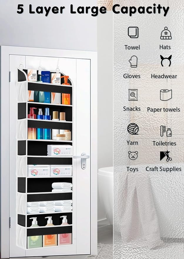 TAHAVICE 2 Pack Over the Door Storage Organizer, 5 Large & 10 Mesh Pockets | Hanging Storage Organizer with 40lb Capacity and Door Storage Space Saving for Bedroom,Bathroom,Nursery,Babyroom(Black)
