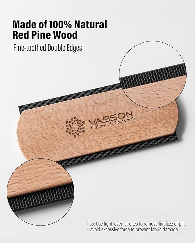 VASSON Large Cashmere Comb, Thick Wood Sweater Comb to Remove Pilling | Ergonomic thick beechwood grip and 20% larger comb for effortless de-pilling