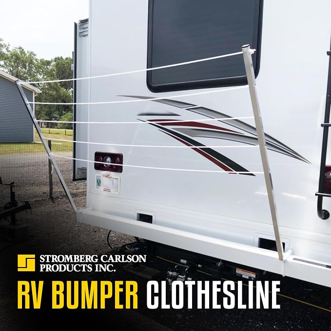 Stromberg Carlson CL-100 Bumper Mounted Clothesline - 48" aluminum foldable travel drying rack for RV Bumper, camper, and outdoor use; 84" hanging space, ideal RV clothesline and camping laundry rack. | Fits 4 in square bumpers, 84 in hanging space, ba...