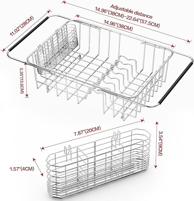 Large Sink Dish Drying Rack, Expandable 304 Stainless Steel Metal Dish Drainer Rack Organizer Shelves with Stainless Steel Utensil Holder Over Inside Sink, Rustproof