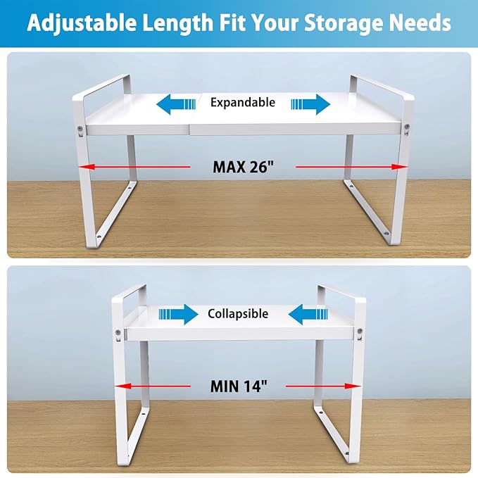Expandable Shelf for Cabinet, 11" Deep Kitchen Cabinet Organizer, 1 Pack | Adjustable 14-26", Heavy Duty Metal Countertop Riser for Under Sink and Kitchen Cupboard Storage, 55 Lbs Anti-Sag, White
