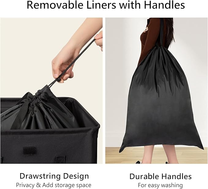 WOWLIVE 100L Black Laundry Hamper with Lid, Dirty Laundry Basket for Dorm | Tall Collapsible Dirty Clothes Hamper with 2 Removable Bags and Handles for Laundry Room, College Dorm